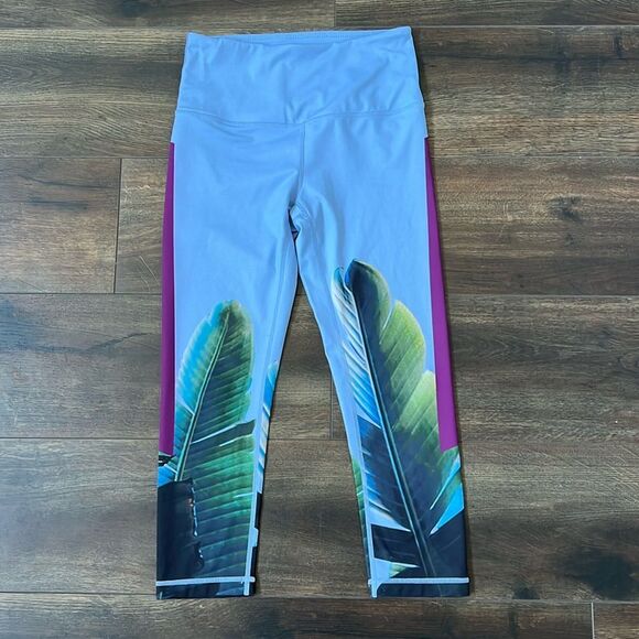 Zella Pure Vision High Waist Crop Yoga Leggings Size Small Palm Leaf Light Blue - Picture 1 of 9